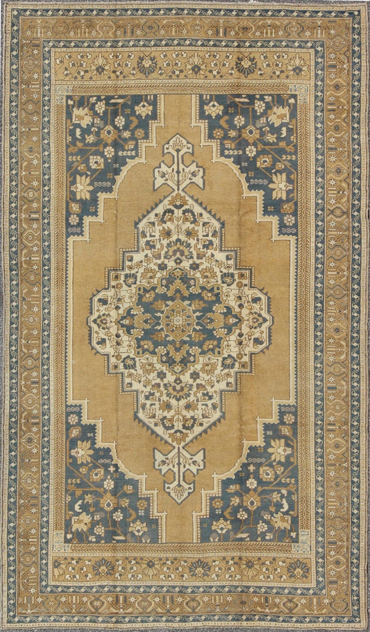 Vintage Turkish Oushak with Floral Medallion in Bronze and Blue Color Measures: 6'10'' x 11'5'' Characterized by a comely and highly representative Oushak composition, this vintage carpet beautifully communicates the finer characteristics of Oush... - Keivan Woven ArtsTU - VEY - 3283 - 6245Rug