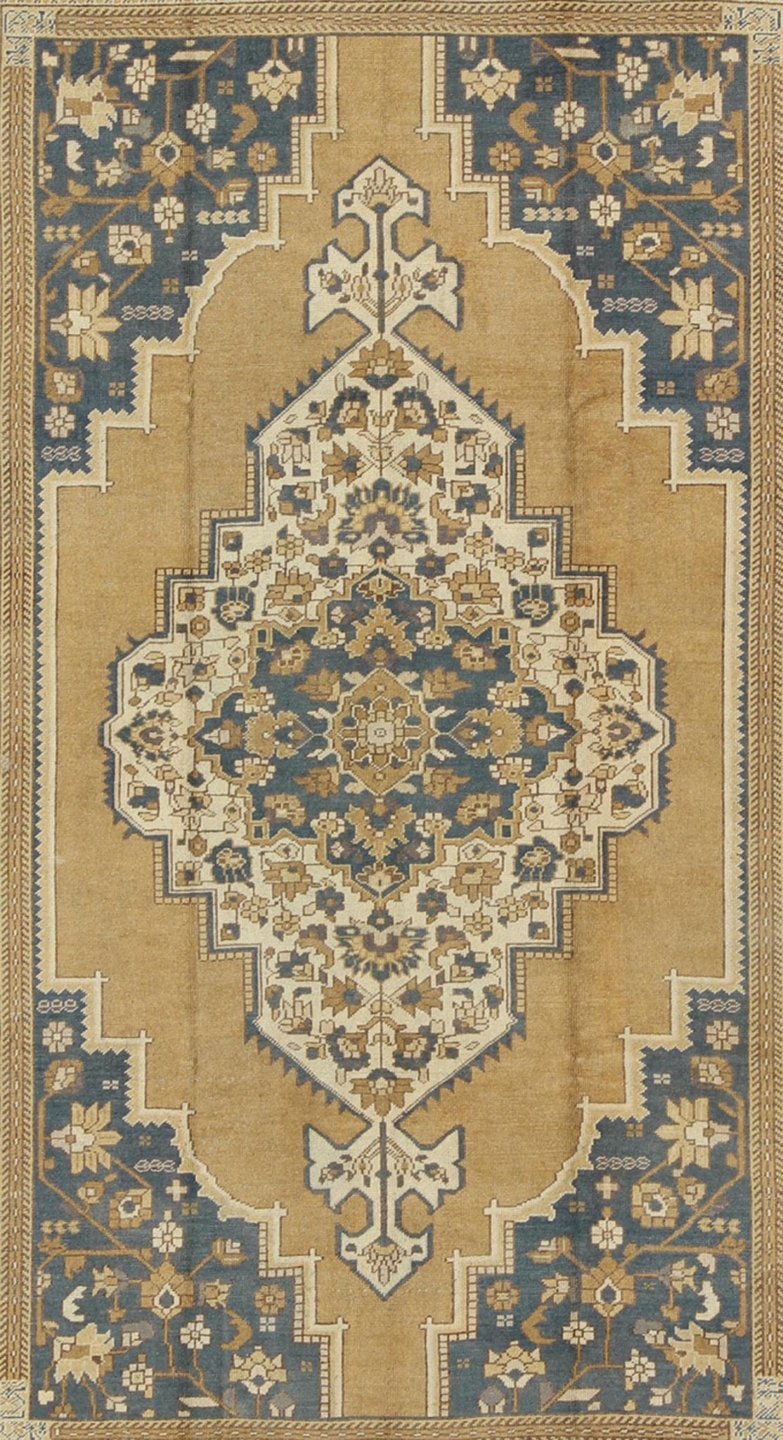 Vintage Turkish Oushak with Floral Medallion in Bronze and Blue Color Measures: 6'10'' x 11'5'' Characterized by a comely and highly representative Oushak composition, this vintage carpet beautifully communicates the finer characteristics of Oush... - Keivan Woven ArtsTU - VEY - 3283 - 6245Rug