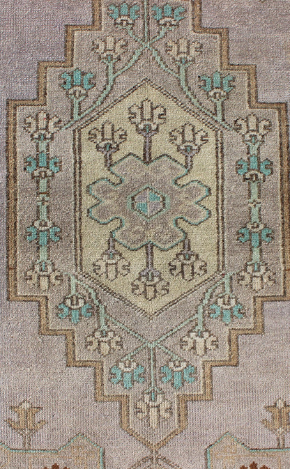 Vintage Oushak Rug in Light Lavender Background and Chocolate Brown Border. Vintage Oushak rug with central medallion in Light lavender, Taupe, Khaki, Teal green, blue accent colors and chocolate brown border. Keivan Woven Arts Rug TU - VEY - 3287,... - Keivan Woven ArtsTU - VEY - 3287 - 5910Rug