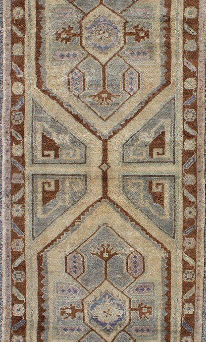 Vintage Turkish Oushak runner with two medallions in nude, blue - gray, red - brown, rug tu - vey - 3290, country of origin / type: Turkey / Oushak, circa 1940 This vintage Turkish Oushak carpet (circa mid - 20th century) features a tribal, central dual - m... - Keivan Woven ArtsTU - VEY - 3290 - 6256Rug