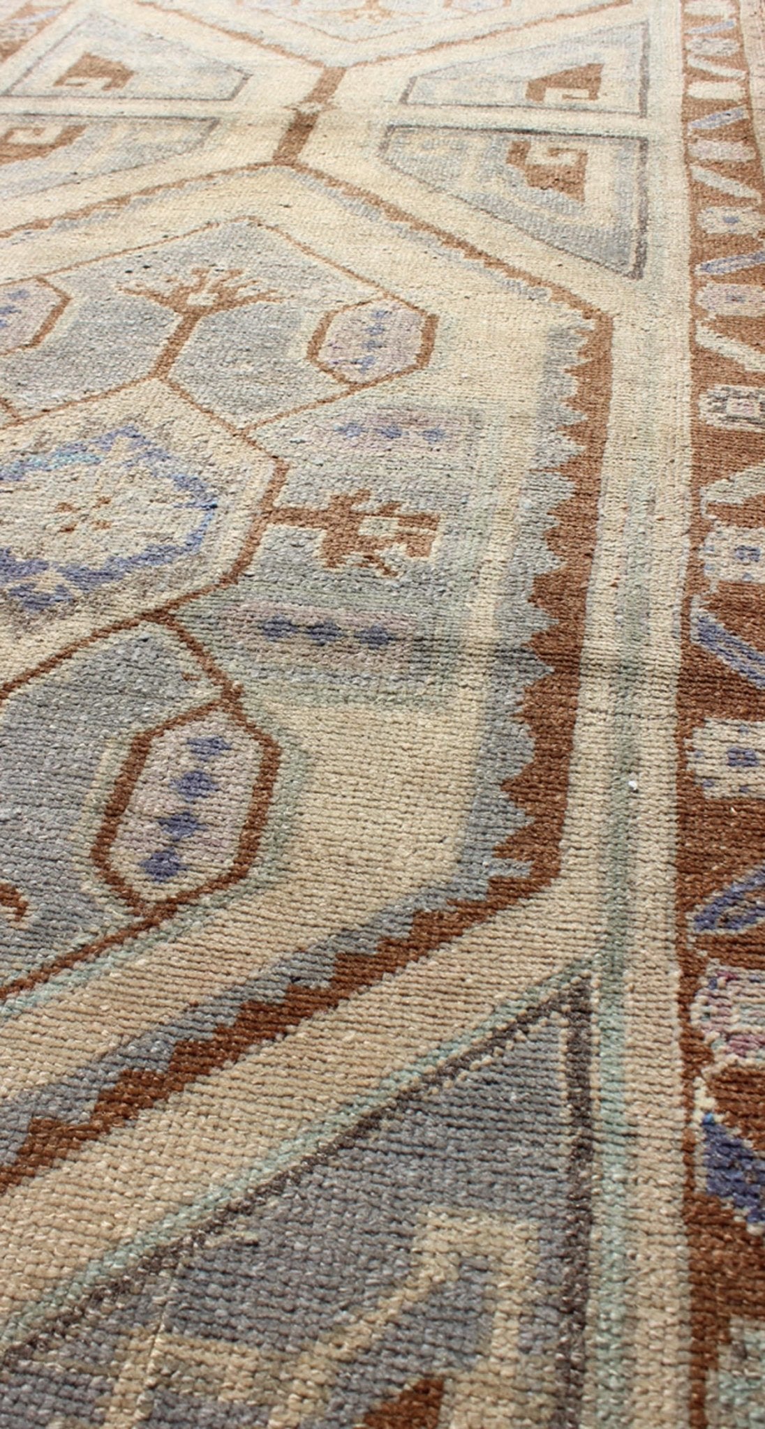 Vintage Turkish Oushak runner with two medallions in nude, blue - gray, red - brown, rug tu - vey - 3290, country of origin / type: Turkey / Oushak, circa 1940 This vintage Turkish Oushak carpet (circa mid - 20th century) features a tribal, central dual - m... - Keivan Woven ArtsTU - VEY - 3290 - 6256Rug