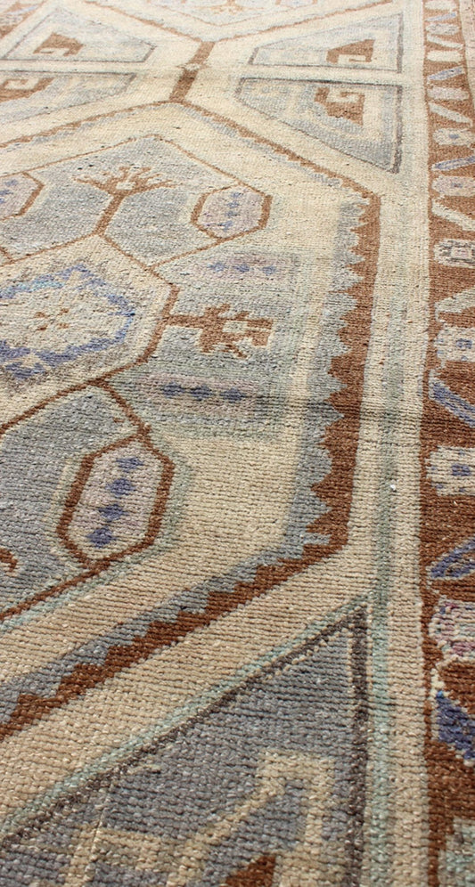 Vintage Turkish Oushak runner with two medallions in nude, blue - gray, red - brown, rug tu - vey - 3290, country of origin / type: Turkey / Oushak, circa 1940 This vintage Turkish Oushak carpet (circa mid - 20th century) features a tribal, central dual - m... - Keivan Woven ArtsTU - VEY - 3290 - 6256Rug