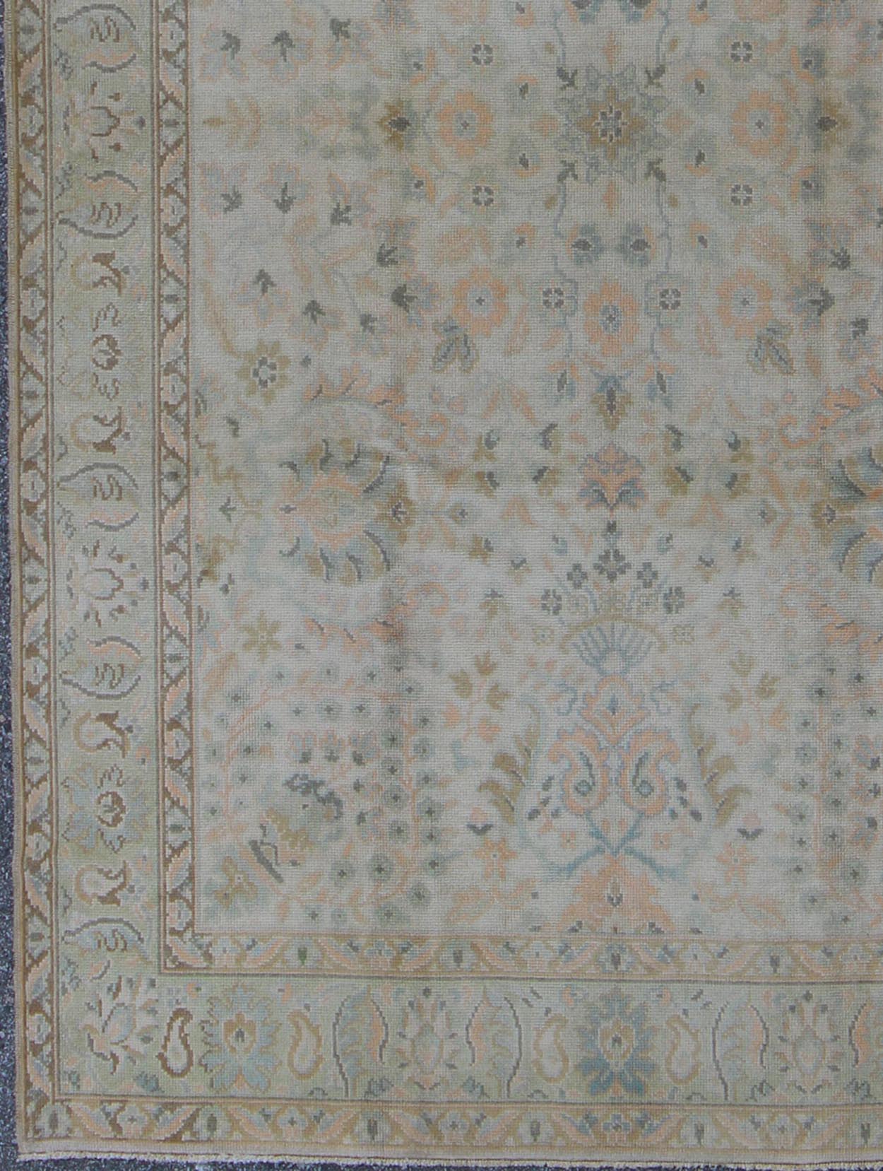 Neutral Vintage Turkish Oushak Rug with Floral Design and Medallions with repeated floral motifs Measures: 6'0 x 9'10 Country of Origin: Turkey; Type: Oushak; Design: All - Over, Floral, Arabesque - Floral; Keivan Woven Arts: rug tu - vey - 46011... - Keivan Woven ArtsTU - VEY - 46011 - 7923Rug