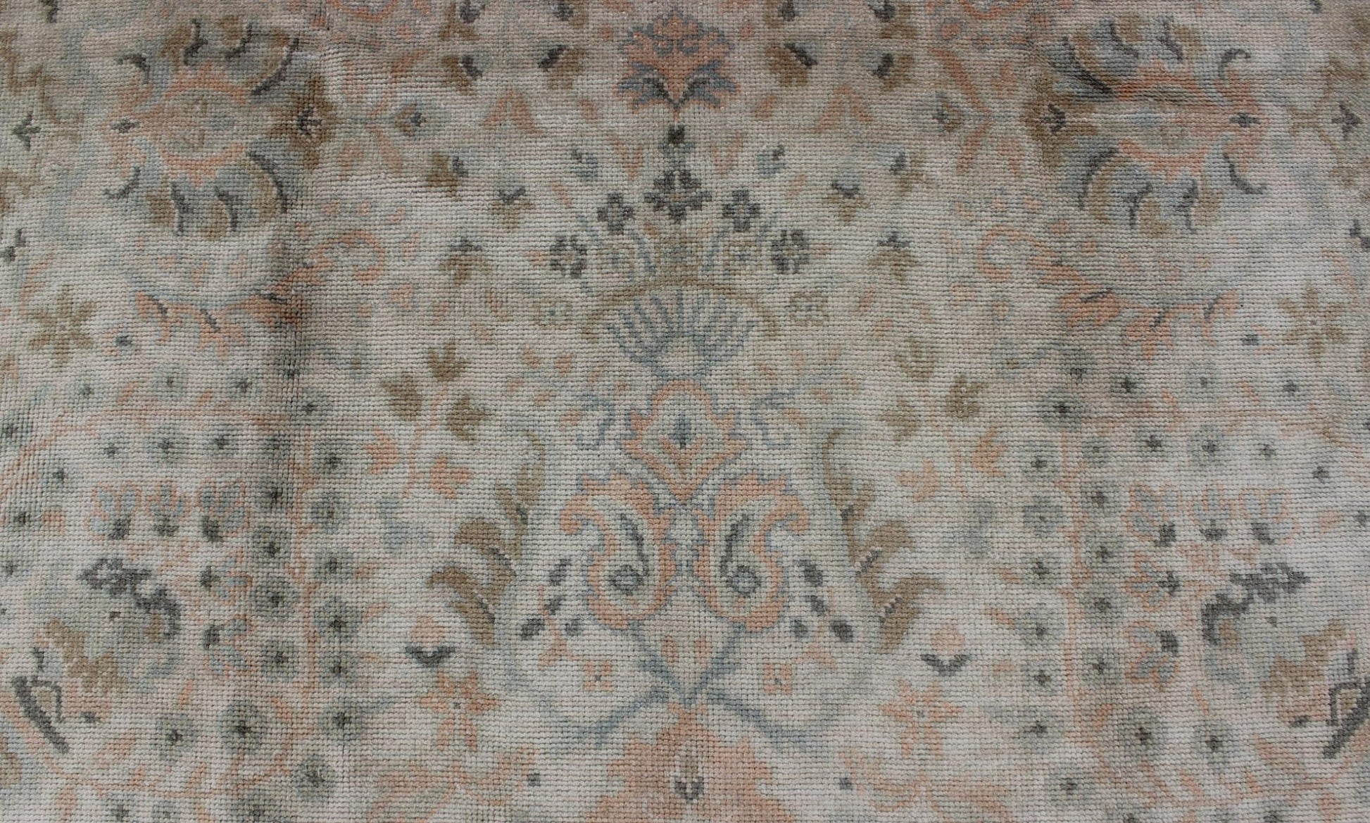 Neutral Vintage Turkish Oushak Rug with Floral Design and Medallions with repeated floral motifs Measures: 6'0 x 9'10 Country of Origin: Turkey; Type: Oushak; Design: All - Over, Floral, Arabesque - Floral; Keivan Woven Arts: rug tu - vey - 46011... - Keivan Woven ArtsTU - VEY - 46011 - 7923Rug