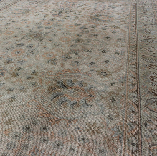 Neutral Vintage Turkish Oushak Rug with Floral Design and Medallions with repeated floral motifs Measures: 6'0 x 9'10 Country of Origin: Turkey; Type: Oushak; Design: All - Over, Floral, Arabesque - Floral; Keivan Woven Arts: rug tu - vey - 46011... - Keivan Woven ArtsTU - VEY - 46011 - 7923