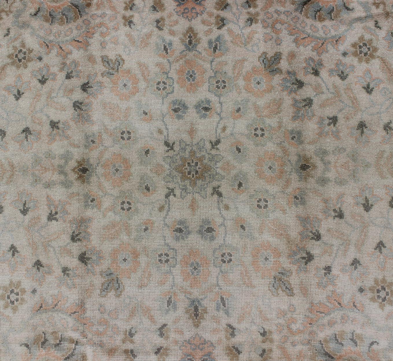 Neutral Vintage Turkish Oushak Rug with Floral Design and Medallions with repeated floral motifs Measures: 6'0 x 9'10 Country of Origin: Turkey; Type: Oushak; Design: All - Over, Floral, Arabesque - Floral; Keivan Woven Arts: rug tu - vey - 46011... - Keivan Woven ArtsTU - VEY - 46011 - 7923Rug