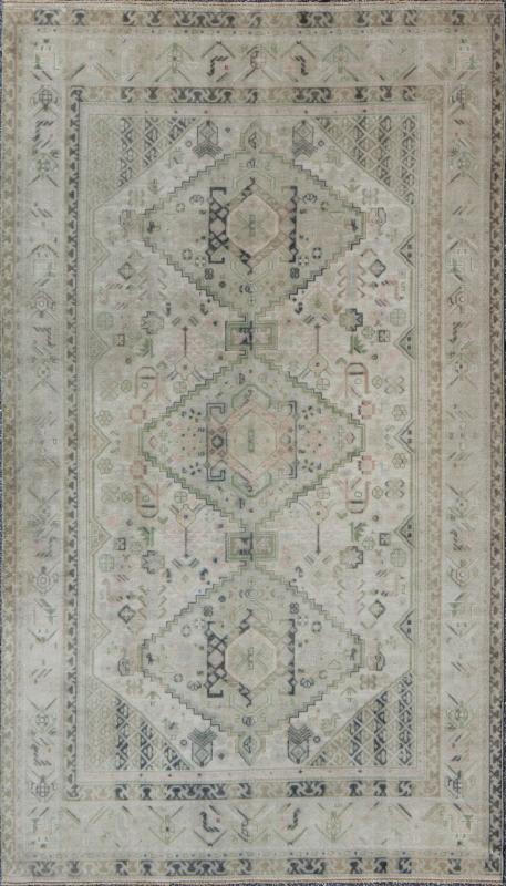 Vintage Turkish Tribal Medallion Oushak in Muted Green, Pink, and Off White Measures: 5'10 x 9'11. This vintage Turkish Oushak rug features a unique blend of colors and an intricately beautiful design. The medallions, arranged in a v... - Keivan Woven ArtsTU - VEY - 4602 - 7911Rug