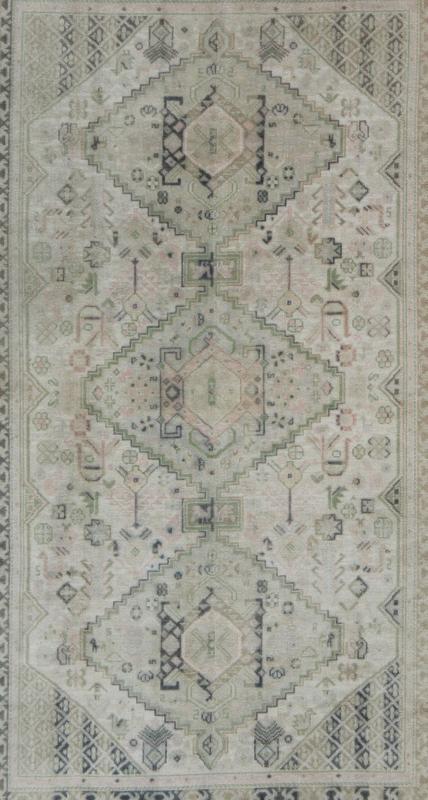 Vintage Turkish Tribal Medallion Oushak in Muted Green, Pink, and Off White Measures: 5'10 x 9'11. This vintage Turkish Oushak rug features a unique blend of colors and an intricately beautiful design. The medallions, arranged in a v... - Keivan Woven ArtsTU - VEY - 4602 - 7911Rug