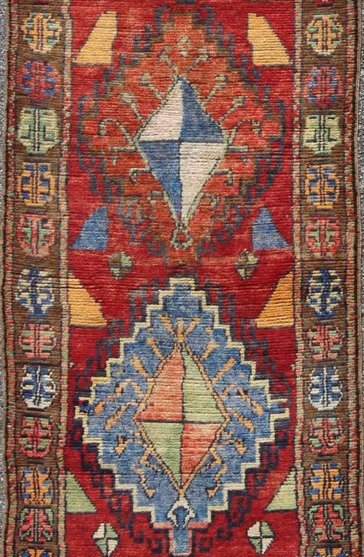 Hand Knotted Vintage Turkish Oushak Runner with Geometric Tribal Design Hand Knotted Vintage Turkish Oushak Runner with Geometric Tribal Design, Keivan Woven Arts / TU - VEY - 4608, mid - 20th century . Turkish Oushak Vintage Runner. This vinta... - Keivan Woven ArtsTU - VEY - 4608 - 8094