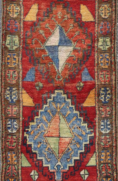Hand Knotted Vintage Turkish Oushak Runner with Geometric Tribal Design Hand Knotted Vintage Turkish Oushak Runner with Geometric Tribal Design, Keivan Woven Arts / TU - VEY - 4608, mid - 20th century . Turkish Oushak Vintage Runner. This vinta... - Keivan Woven ArtsTU - VEY - 4608 - 8094