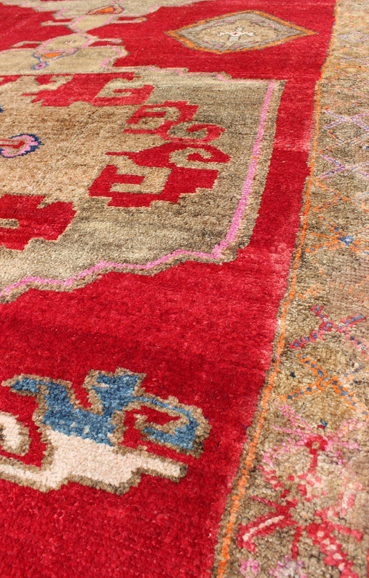 Bright Red and Taupe Vintage Turkish Oushak Rug with Dual Medallion Design Measures: 5'11'' x 10'4''. This Turkish rug features a dual central medallion design as well as patterns of smaller Sub - geometric elements in the border. Colors includ... - Keivan Woven ArtsTU - VEY - 4612 - 7751