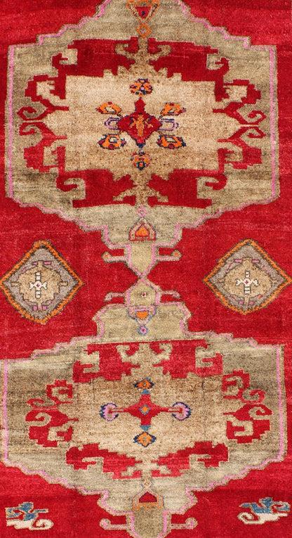 Bright Red and Taupe Vintage Turkish Oushak Rug with Dual Medallion Design Measures: 5'11'' x 10'4''. This Turkish rug features a dual central medallion design as well as patterns of smaller Sub - geometric elements in the border. Colors includ... - Keivan Woven ArtsTU - VEY - 4612 - 7751Rug