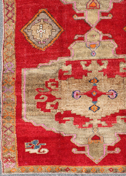 Bright Red and Taupe Vintage Turkish Oushak Rug with Dual Medallion Design Measures: 5'11'' x 10'4''. This Turkish rug features a dual central medallion design as well as patterns of smaller Sub - geometric elements in the border. Colors includ... - Keivan Woven ArtsTU - VEY - 4612 - 7751Rug