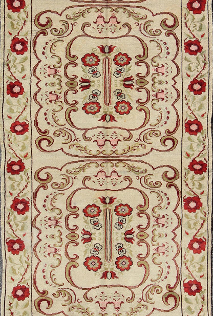 Vintage Turkish Runner with Floral Deco Design in Cream and Red and Green. Vintage Turkish Oushak Gallery Runner in Art Deco design and floral pattern. Keivan Woven Arts / rug TU - YUN - 136072, Turkey / Oushak, circa mid - 20th Century. This b... - Keivan Woven ArtsTU - YUN - 136072 - 5126Rug