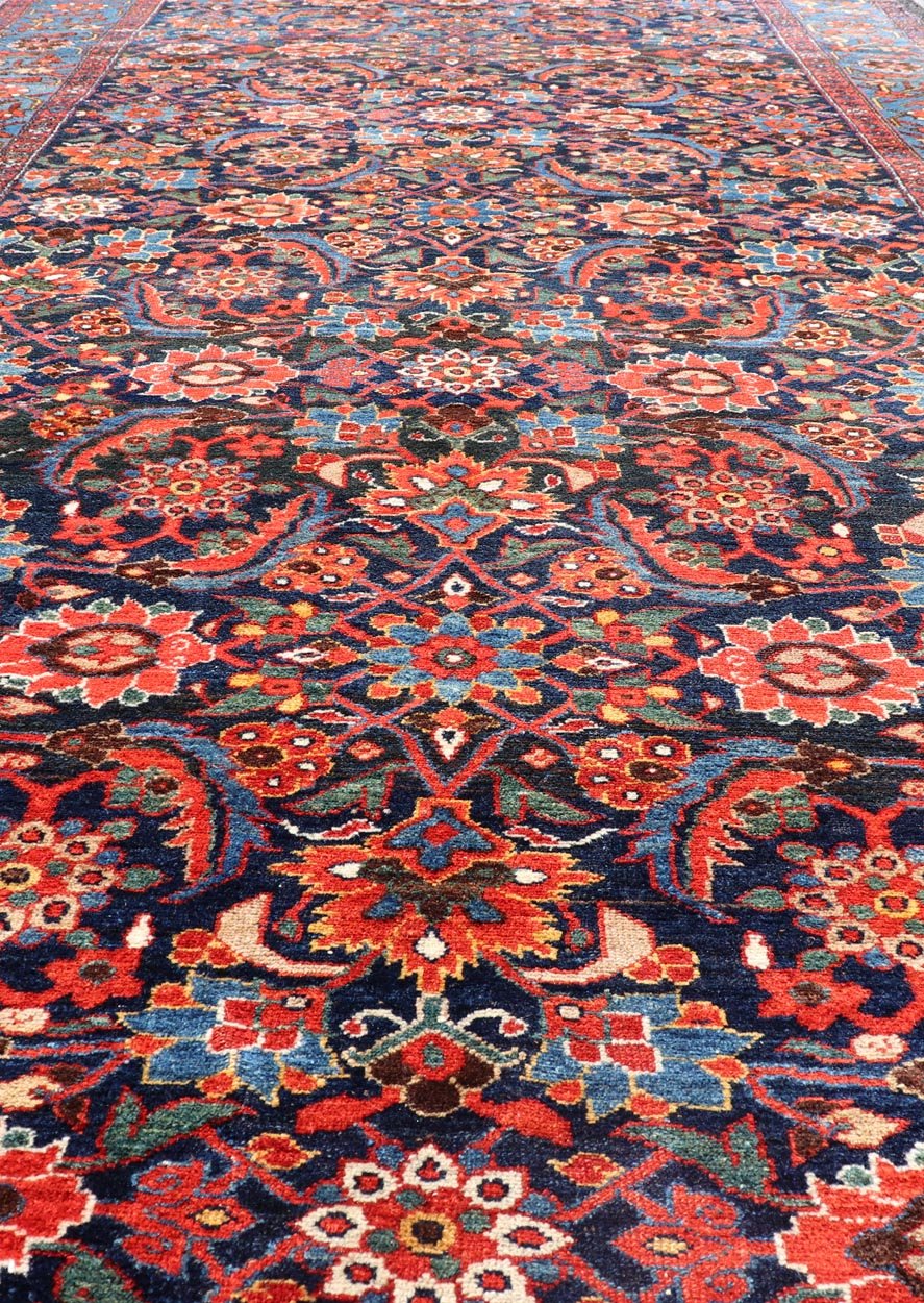Antique Persian Fine Weave Hamadan Gallery Rug in Red, Blue, Green and Ivory. A very fine antique Persian Hamadan gallery runner with all - over design in Blue background, rug V21 - 0103, country of origin / type: Iran / Hamadan, circa 1920 M... - Keivan Woven ArtsV21 - 0103 - 14432