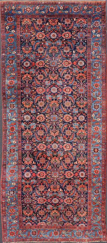 Antique Persian Fine Weave Hamadan Gallery Rug in Red, Blue, Green and Ivory. A very fine antique Persian Hamadan gallery runner with all - over design in Blue background, rug V21 - 0103, country of origin / type: Iran / Hamadan, circa 1920 M... - Keivan Woven ArtsV21 - 0103 - 14432Rug