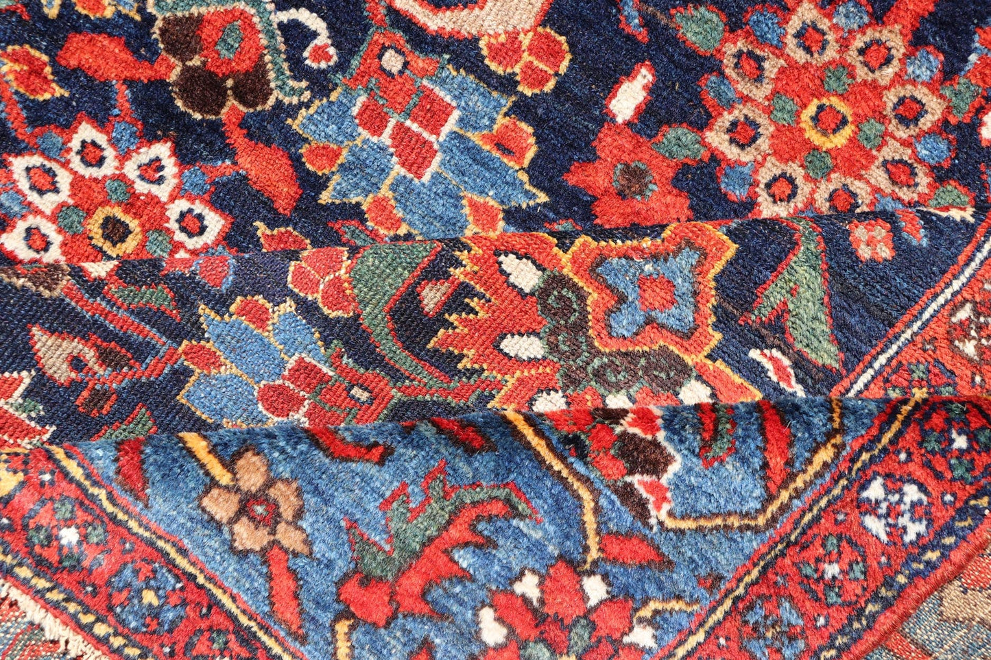 Antique Persian Fine Weave Hamadan Gallery Rug in Red, Blue, Green and Ivory. A very fine antique Persian Hamadan gallery runner with all - over design in Blue background, rug V21 - 0103, country of origin / type: Iran / Hamadan, circa 1920 M... - Keivan Woven ArtsV21 - 0103 - 14432
