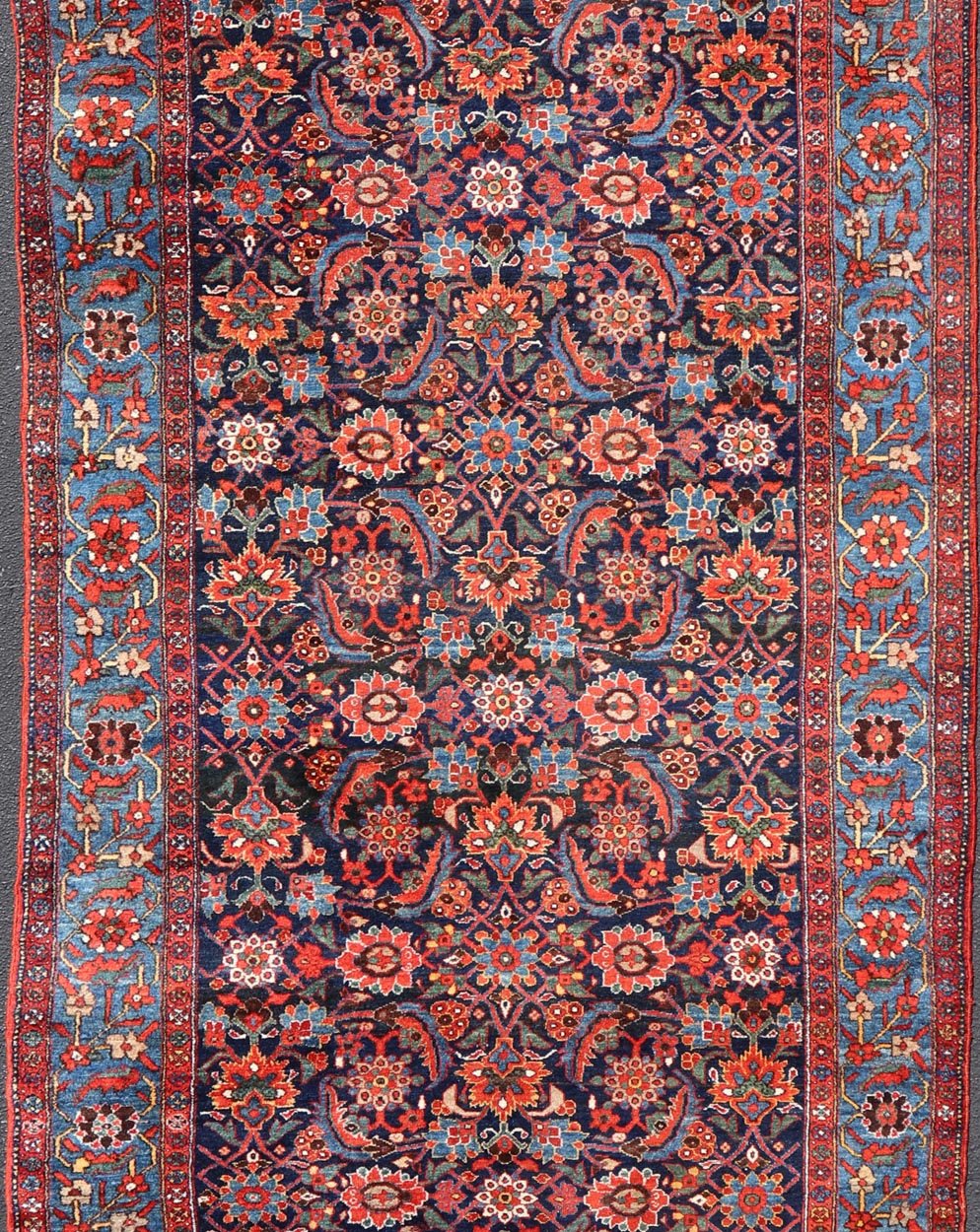 Antique Persian Fine Weave Hamadan Gallery Rug in Red, Blue, Green and Ivory. A very fine antique Persian Hamadan gallery runner with all - over design in Blue background, rug V21 - 0103, country of origin / type: Iran / Hamadan, circa 1920 M... - Keivan Woven ArtsV21 - 0103 - 14432Rug