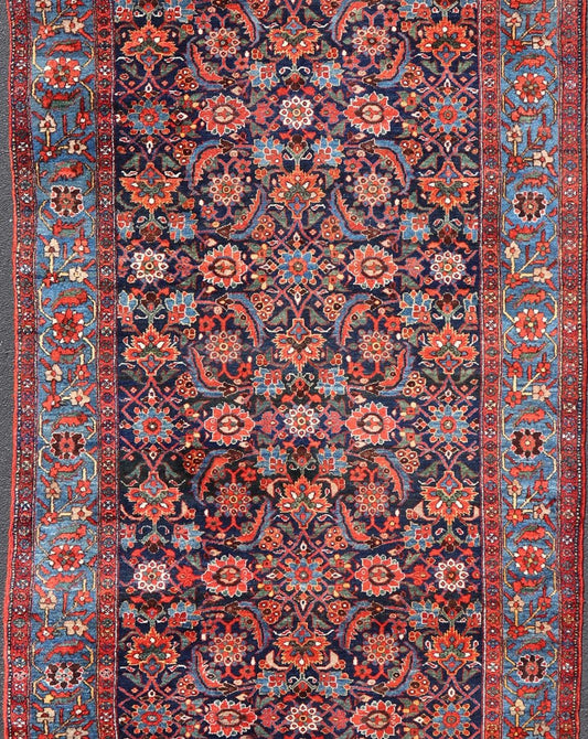 Antique Persian Fine Weave Hamadan Gallery Rug in Red, Blue, Green and Ivory. A very fine antique Persian Hamadan gallery runner with all - over design in Blue background, rug V21 - 0103, country of origin / type: Iran / Hamadan, circa 1920 M... - Keivan Woven ArtsV21 - 0103 - 14432