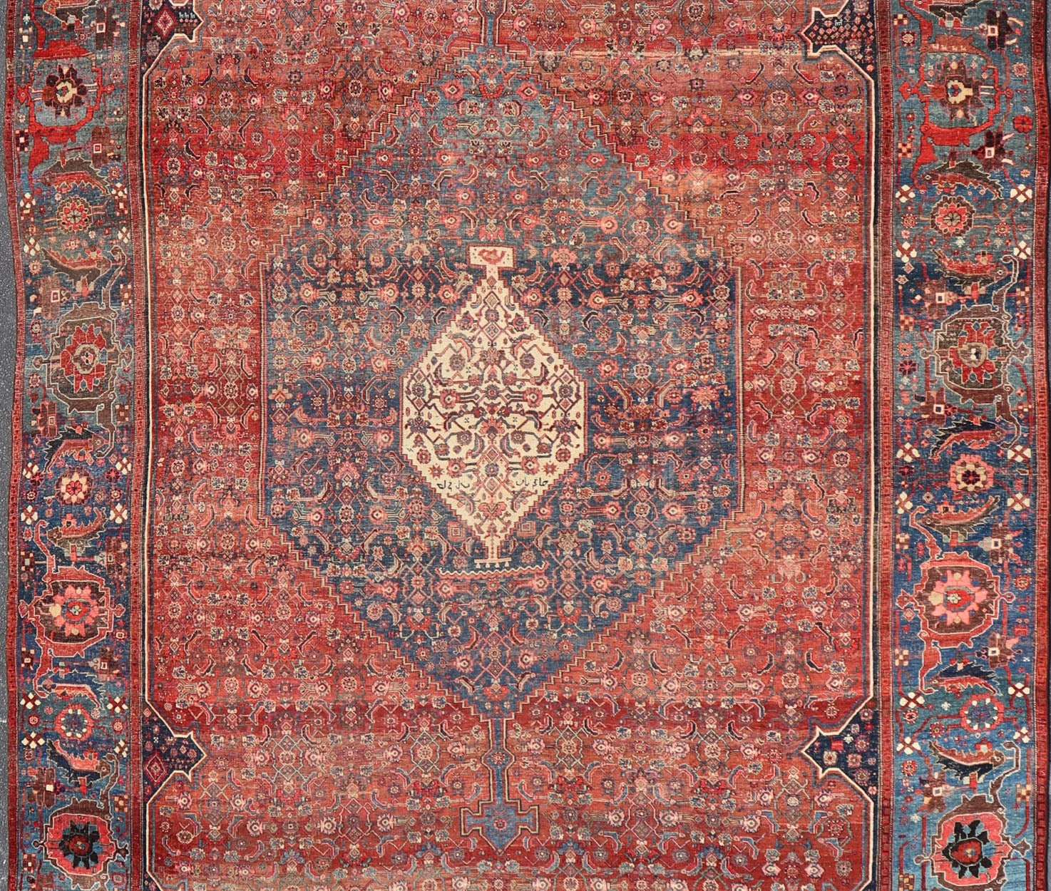 Very Large Antique Persian Bidjar Rug in Multi Shades of Blue, Tera - cotta & Red. Classic Bidjar in Tera - cotta and variety of beautiful red tones, framed by variegated shades of blue colors in the border with large Scale Geometrics. Bidjar antique r... - Keivan Woven ArtsV21 - 0106 - 14536