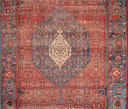 Very Large Antique Persian Bidjar Rug in Multi Shades of Blue, Tera - cotta & Red. Classic Bidjar in Tera - cotta and variety of beautiful red tones, framed by variegated shades of blue colors in the border with large Scale Geometrics. Bidjar antique r... - Keivan Woven ArtsV21 - 0106 - 14536