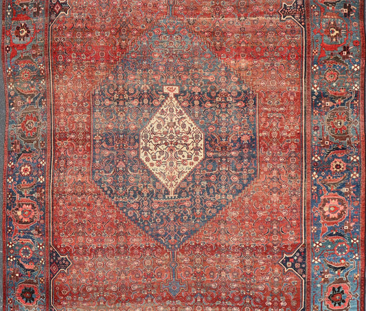 Very Large Antique Persian Bidjar Rug in Multi Shades of Blue, Tera - cotta & Red. Classic Bidjar in Tera - cotta and variety of beautiful red tones, framed by variegated shades of blue colors in the border with large Scale Geometrics. Bidjar antique r... - Keivan Woven ArtsV21 - 0106 - 14536