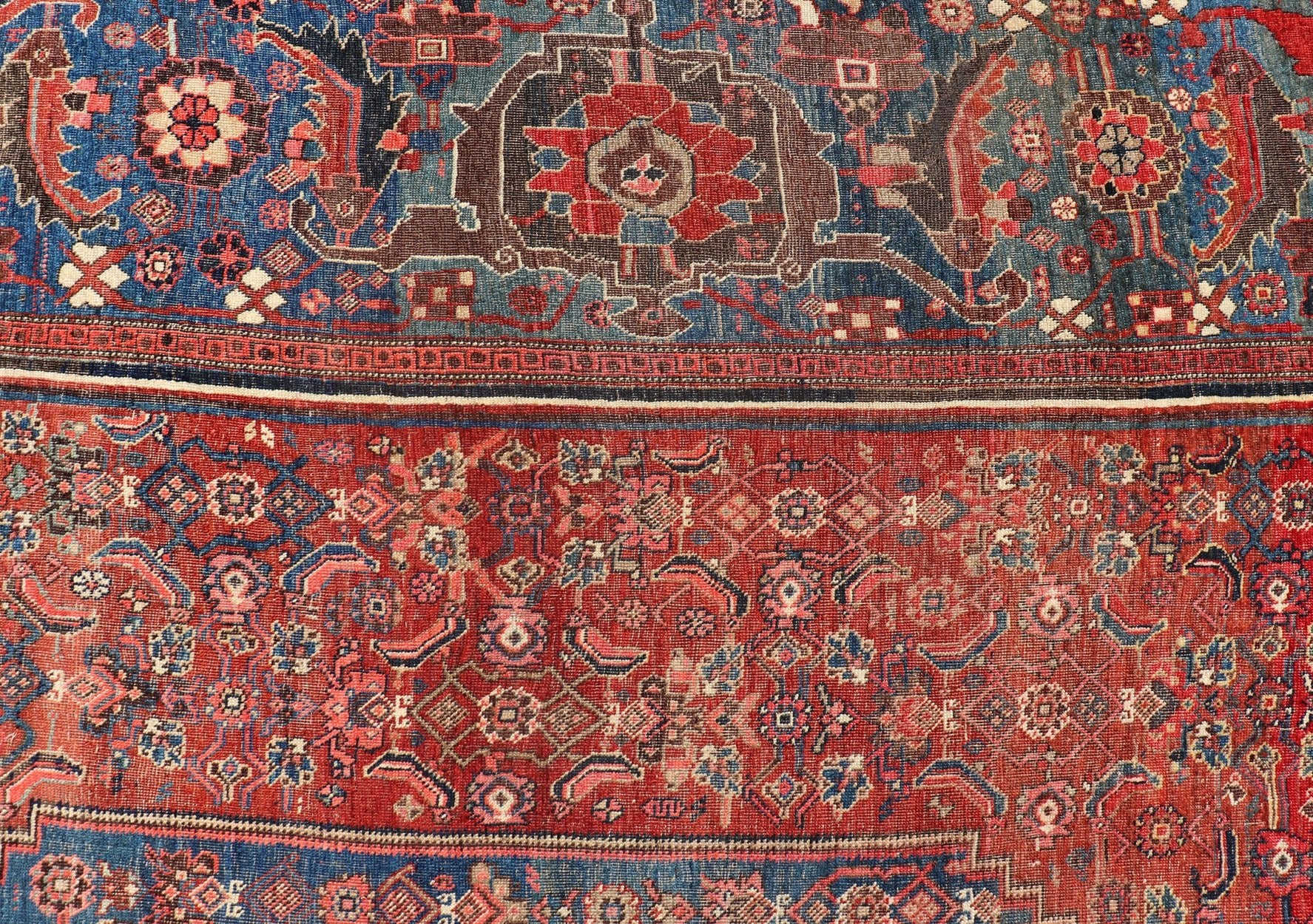 Very Large Antique Persian Bidjar Rug in Multi Shades of Blue, Tera - cotta & Red. Classic Bidjar in Tera - cotta and variety of beautiful red tones, framed by variegated shades of blue colors in the border with large Scale Geometrics. Bidjar antique r... - Keivan Woven ArtsV21 - 0106 - 14536