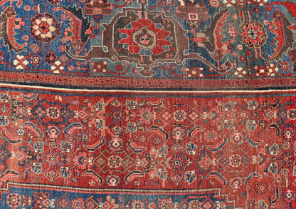 Very Large Antique Persian Bidjar Rug in Multi Shades of Blue, Tera - cotta & Red. Classic Bidjar in Tera - cotta and variety of beautiful red tones, framed by variegated shades of blue colors in the border with large Scale Geometrics. Bidjar antique r... - Keivan Woven ArtsV21 - 0106 - 14536