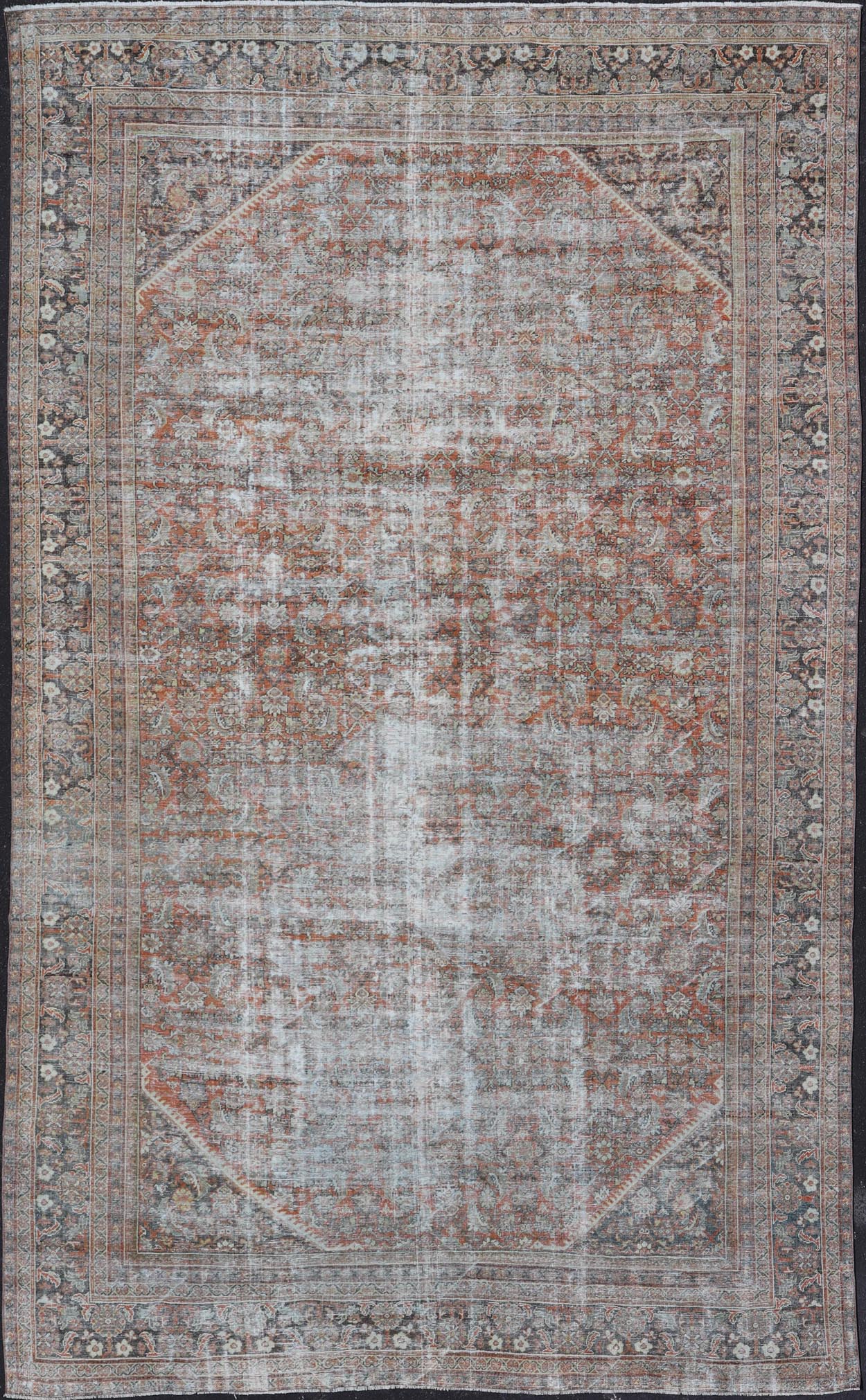 Distressed Antique Persian Mahal Rug in Wool with Floral Design On A Red Field. Keivan Woven Arts; rug V21 - 0107, country of origin / type: Iran / Mahal, circa 1920. Measures: 10'5 x 16'10 This antique Persian Mahal rug an all - over sub - geometric ... - Keivan Woven ArtsV21 - 0107 - 14886