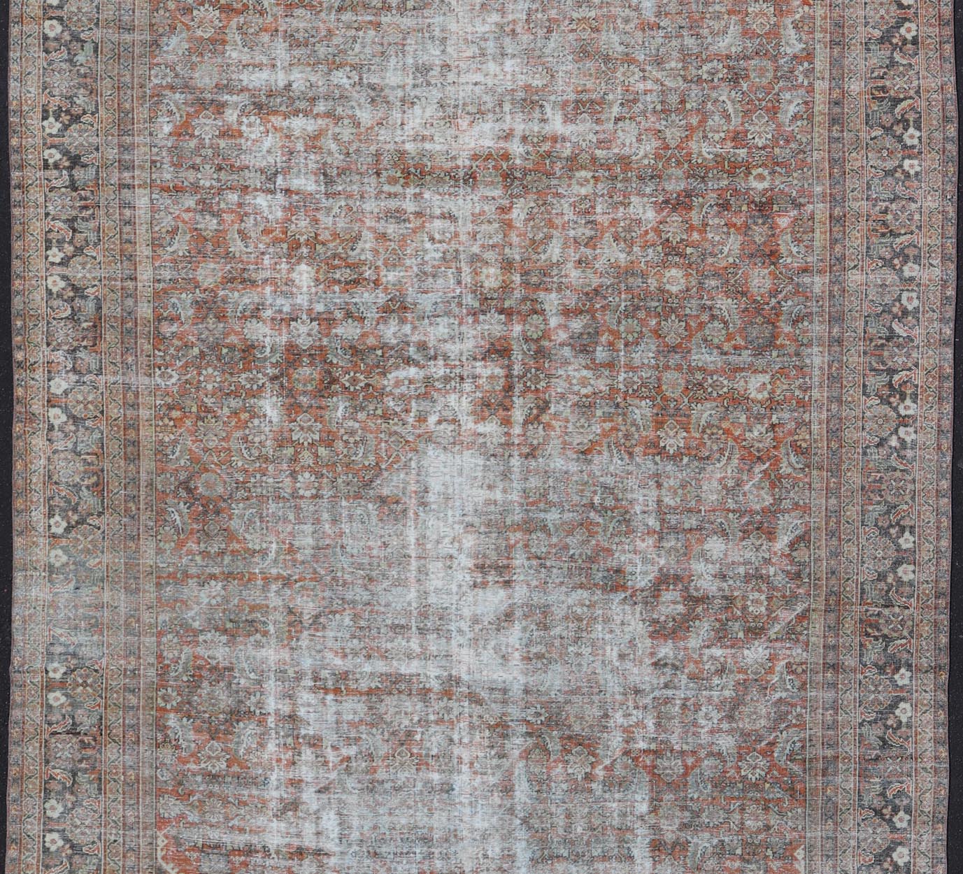 Distressed Antique Persian Mahal Rug in Wool with Floral Design On A Red Field. Keivan Woven Arts; rug V21 - 0107, country of origin / type: Iran / Mahal, circa 1920. Measures: 10'5 x 16'10 This antique Persian Mahal rug an all - over sub - geometric ... - Keivan Woven ArtsV21 - 0107 - 14886