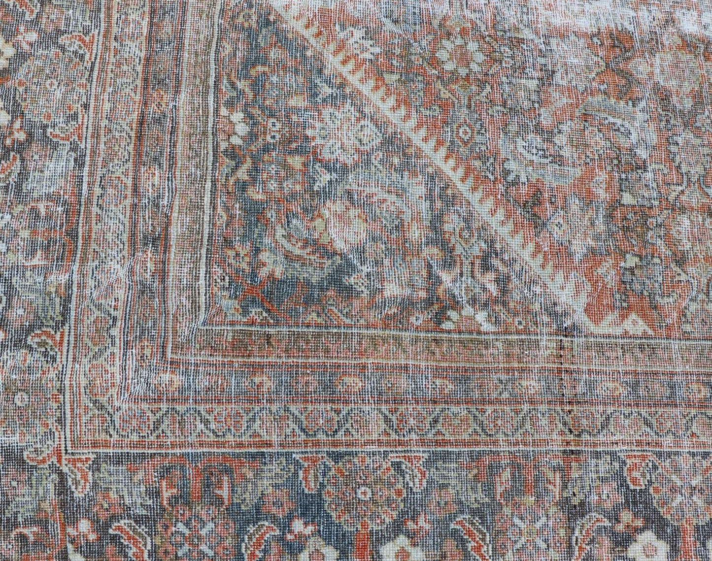 Distressed Antique Persian Mahal Rug in Wool with Floral Design On A Red Field. Keivan Woven Arts; rug V21 - 0107, country of origin / type: Iran / Mahal, circa 1920. Measures: 10'5 x 16'10 This antique Persian Mahal rug an all - over sub - geometric ... - Keivan Woven ArtsV21 - 0107 - 14886