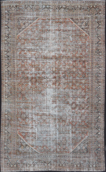 Distressed Antique Persian Mahal Rug in Wool with Floral Design On A Red Field. Keivan Woven Arts; rug V21 - 0107, country of origin / type: Iran / Mahal, circa 1920. Measures: 10'5 x 16'10 This antique Persian Mahal rug an all - over sub - geometric ... - Keivan Woven ArtsV21 - 0107 - 14886Rug