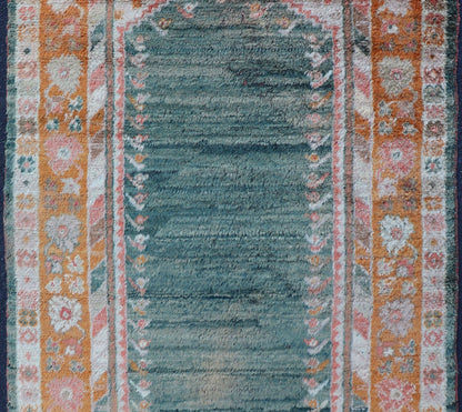 Antique Angora Oushak Rug with Solid Background in Teal, Blue, Orange Colors. Antique Angora Oushak Rug with Solid Background in Teal, Blue, Orange Colors and accent colors of red and pink. rug V21 - 0117, country of origin/type: Turkey/Oushak, circa 188... - Keivan Woven ArtsV21 - 0117 - 14840Rug