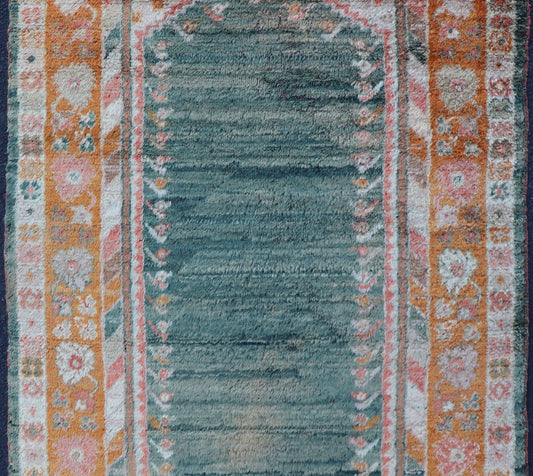 Antique Angora Oushak Rug with Solid Background in Teal, Blue, Orange Colors. Antique Angora Oushak Rug with Solid Background in Teal, Blue, Orange Colors and accent colors of red and pink. rug V21 - 0117, country of origin/type: Turkey/Oushak, circa 188... - Keivan Woven ArtsV21 - 0117 - 14840Rug