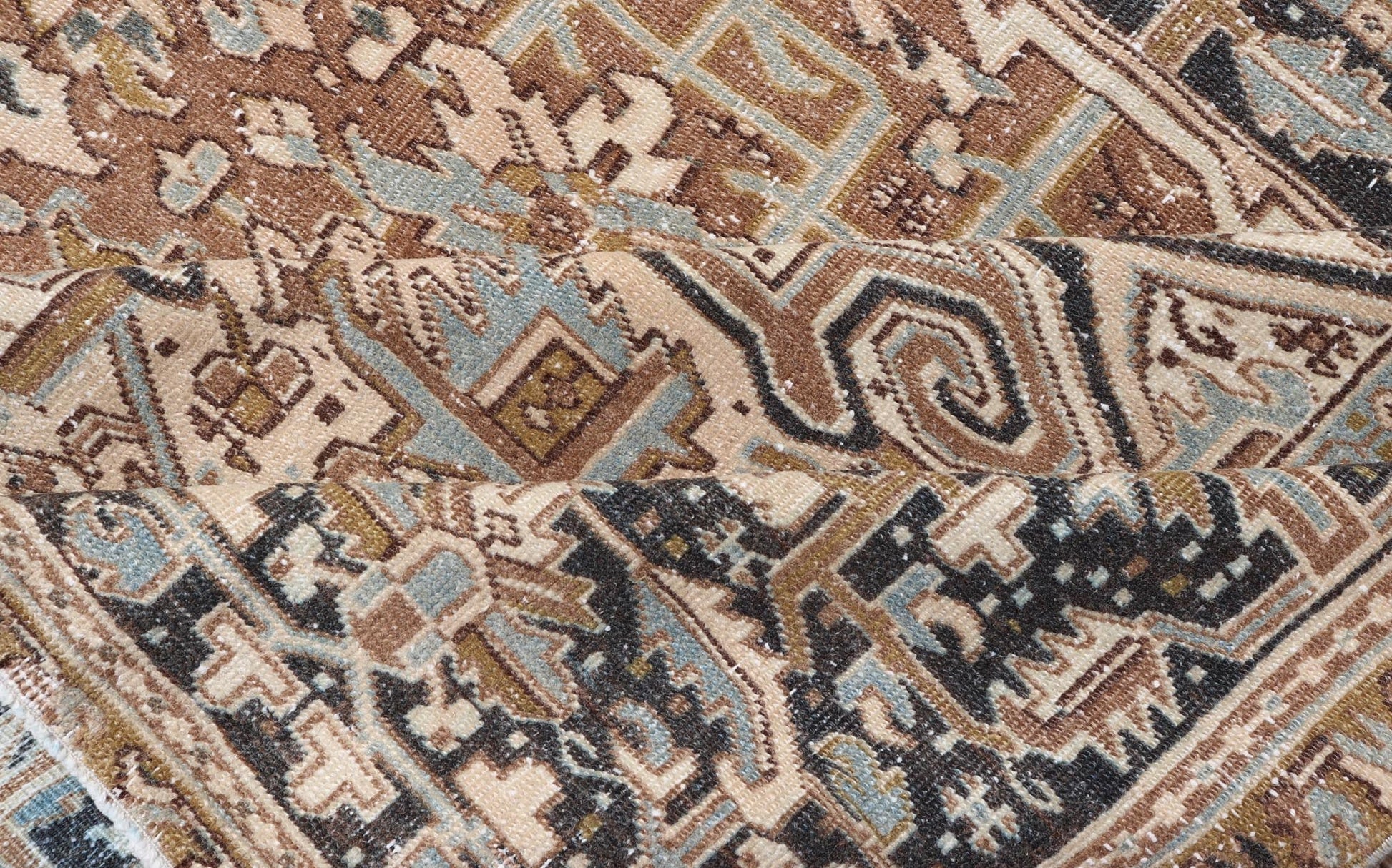 Persian Antique Heriz Rug with Geometric Design in Blue's, Tan, Cream, and Brown. Keivan Woven Arts / rug V21 - 0120, country of origin / type: Iran / Heriz, circa 1930 Measures: 11'5 x 14'7 This magnificent Persian Heriz carpet bears an ex... - Keivan Woven ArtsV21 - 0120 - 14844Rug