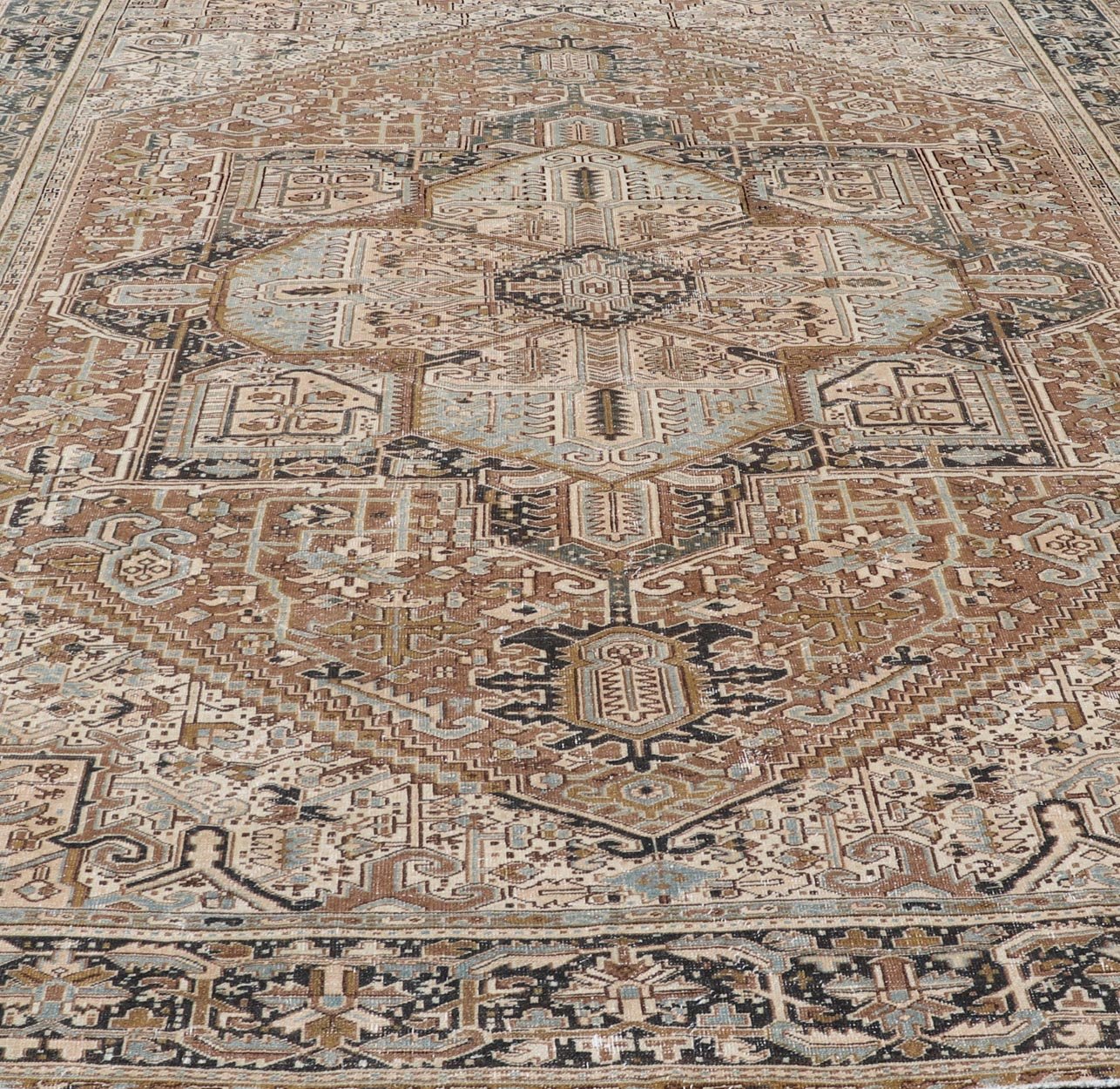 Persian Antique Heriz Rug with Geometric Design in Blue's, Tan, Cream, and Brown. Keivan Woven Arts / rug V21 - 0120, country of origin / type: Iran / Heriz, circa 1930 Measures: 11'5 x 14'7 This magnificent Persian Heriz carpet bears an ex... - Keivan Woven ArtsV21 - 0120 - 14844Rug