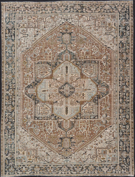 Persian Antique Heriz Rug with Geometric Design in Blue's, Tan, Cream, and Brown. Keivan Woven Arts / rug V21 - 0120, country of origin / type: Iran / Heriz, circa 1930 Measures: 11'5 x 14'7 This magnificent Persian Heriz carpet bears an ex... - Keivan Woven ArtsV21 - 0120 - 14844