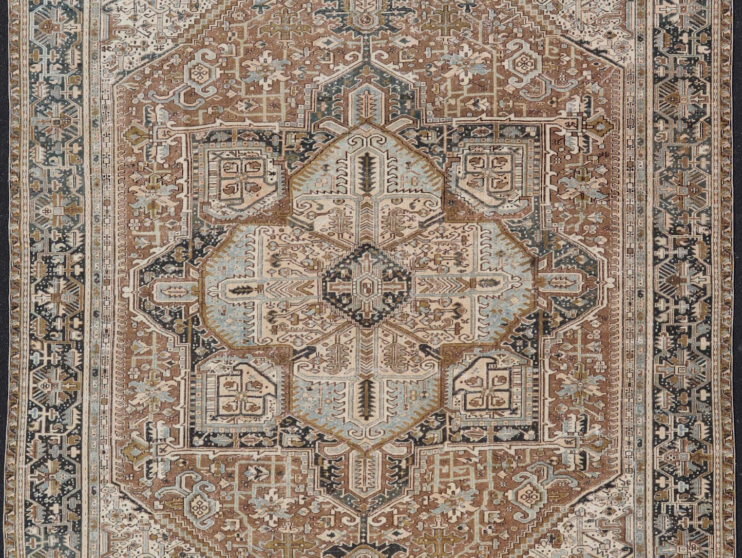 Persian Antique Heriz Rug with Geometric Design in Blue's, Tan, Cream, and Brown. Keivan Woven Arts / rug V21 - 0120, country of origin / type: Iran / Heriz, circa 1930 Measures: 11'5 x 14'7 This magnificent Persian Heriz carpet bears an ex... - Keivan Woven ArtsV21 - 0120 - 14844