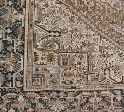 Persian Antique Heriz Rug with Geometric Design in Blue's, Tan, Cream, and Brown. Keivan Woven Arts / rug V21 - 0120, country of origin / type: Iran / Heriz, circa 1930 Measures: 11'5 x 14'7 This magnificent Persian Heriz carpet bears an ex... - Keivan Woven ArtsV21 - 0120 - 14844Rug