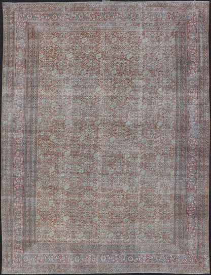 Antique Persian Khorassan Rug with All - Over Floral Design in Red and Blue. Country of Origin: Iran Type: Khorasan Design: All - Over, Floral, Motif Keivan Woven Arts; rug V21 - 0201 Measures: 8'4 x 11'5 This spectacular antique Persian Khoras... - Keivan Woven ArtsV21 - 0201 - 15086Rug