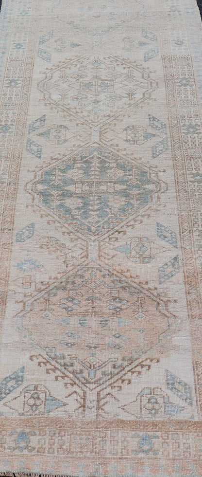 Antique Persian Sarab Runner with Sub - Geometric Medallion Design in Muted Tones. rug V21 - 0203, Keivan Woven Arts, country of origin / type: Persian / Sarab, circa 1920. Measures: 2'11 x 8'10 This antique Sarab runner features a sub - geometric med... - Keivan Woven ArtsV21 - 0203 - 15530Rug