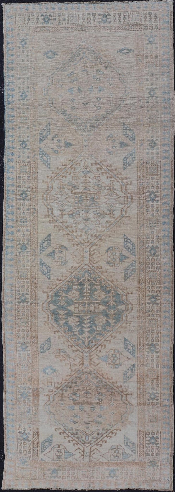 Antique Persian Sarab Runner with Sub - Geometric Medallion Design in Muted Tones. rug V21 - 0203, Keivan Woven Arts, country of origin / type: Persian / Sarab, circa 1920. Measures: 2'11 x 8'10 This antique Sarab runner features a sub - geometric med... - Keivan Woven ArtsV21 - 0203 - 15530
