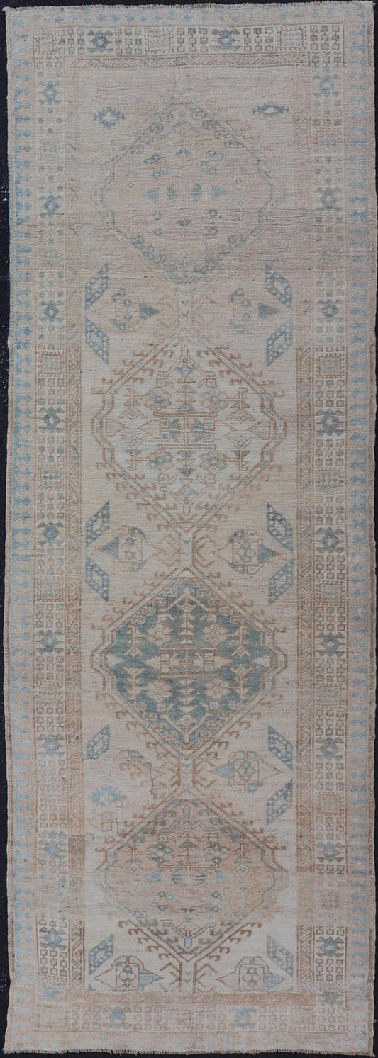 Antique Persian Sarab Runner with Sub - Geometric Medallion Design in Muted Tones. rug V21 - 0203, Keivan Woven Arts, country of origin / type: Persian / Sarab, circa 1920. Measures: 2'11 x 8'10 This antique Sarab runner features a sub - geometric med... - Keivan Woven ArtsV21 - 0203 - 15530