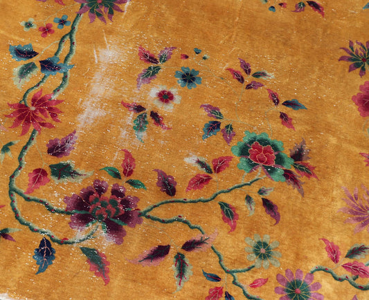 Golden Yellow Background Chinese Art Deco Rug with All - Over Vining Flowers. Golden yellow background Chinese Art Deco rug, rug V21 - 0206, country of origin / type: China / Art Deco, circa 1920. Alive with color, this beautiful antique Art Deco... - Keivan Woven ArtsV21 - 0206 - 15542