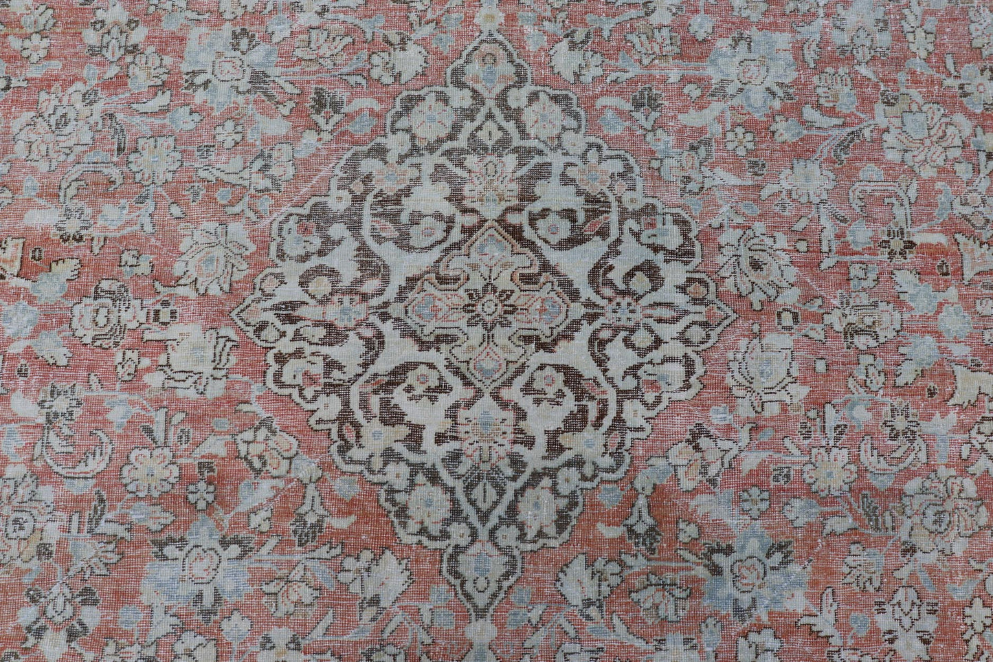 Distressed Antique Medallion Persian Mahal Rug In Faded Orange, Cream, And Brown. Keivan Woven Arts / rug V21 - 0301, country of origin / type: Iran / Mahal, circa 1920s Measures: 10'9 x 13'10 This beautiful antique Persian Mahal rug features an c... - Keivan Woven ArtsV21 - 0301 - 15224