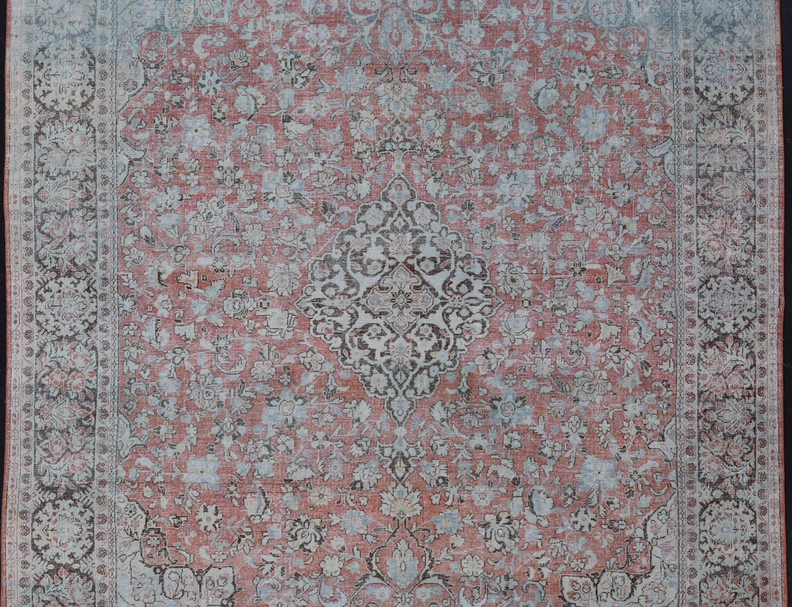 Distressed Antique Medallion Persian Mahal Rug In Faded Orange, Cream, And Brown. Keivan Woven Arts / rug V21 - 0301, country of origin / type: Iran / Mahal, circa 1920s Measures: 10'9 x 13'10 This beautiful antique Persian Mahal rug features an c... - Keivan Woven ArtsV21 - 0301 - 15224