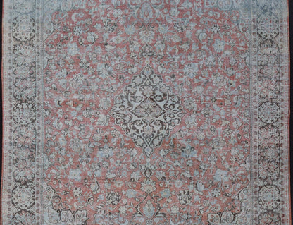 Distressed Antique Medallion Persian Mahal Rug In Faded Orange, Cream, And Brown. Keivan Woven Arts / rug V21 - 0301, country of origin / type: Iran / Mahal, circa 1920s Measures: 10'9 x 13'10 This beautiful antique Persian Mahal rug features an c... - Keivan Woven ArtsV21 - 0301 - 15224