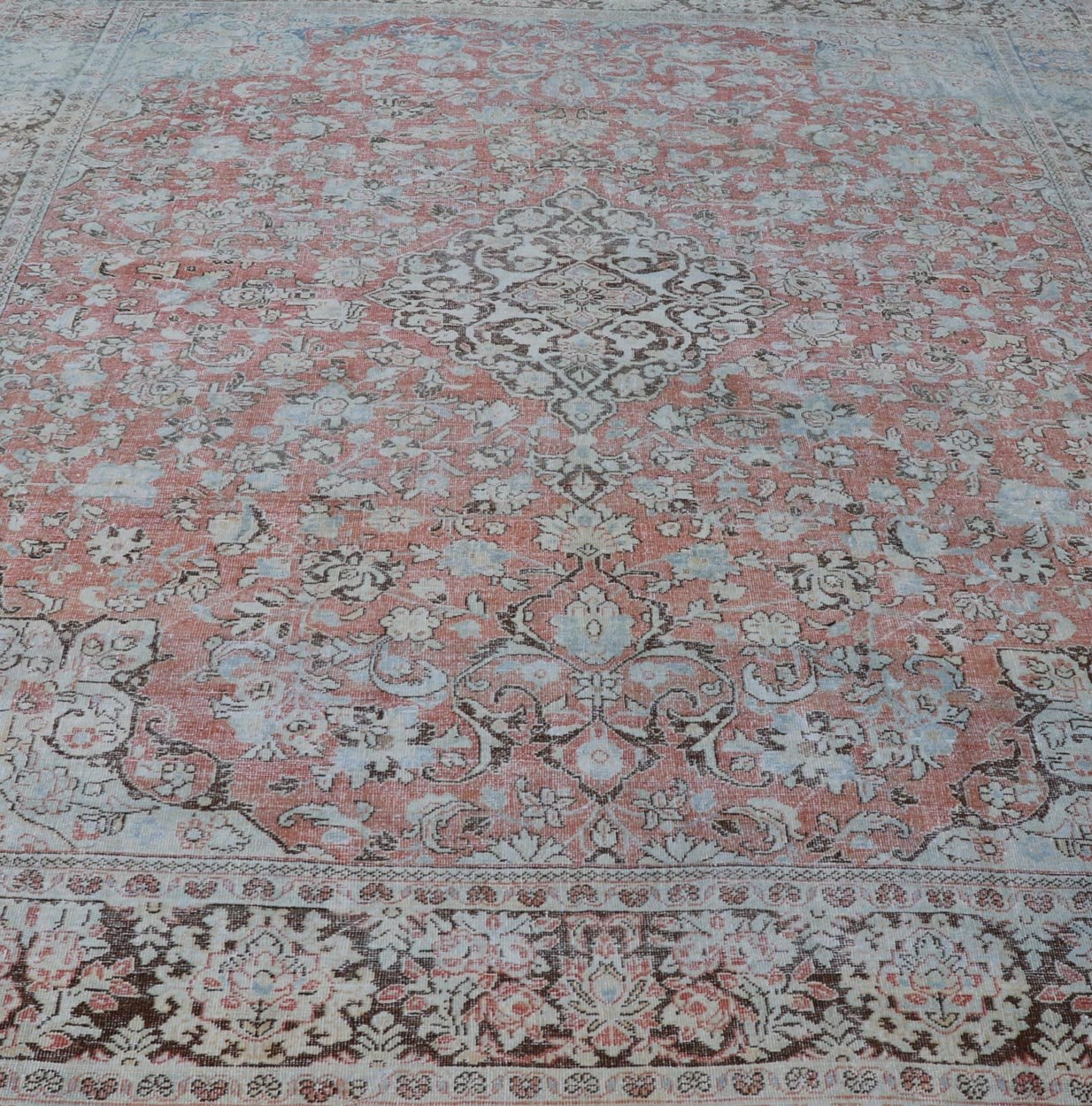 Distressed Antique Medallion Persian Mahal Rug In Faded Orange, Cream, And Brown. Keivan Woven Arts / rug V21 - 0301, country of origin / type: Iran / Mahal, circa 1920s Measures: 10'9 x 13'10 This beautiful antique Persian Mahal rug features an c... - Keivan Woven ArtsV21 - 0301 - 15224