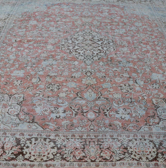 Distressed Antique Medallion Persian Mahal Rug In Faded Orange, Cream, And Brown. Keivan Woven Arts / rug V21 - 0301, country of origin / type: Iran / Mahal, circa 1920s Measures: 10'9 x 13'10 This beautiful antique Persian Mahal rug features an c... - Keivan Woven ArtsV21 - 0301 - 15224