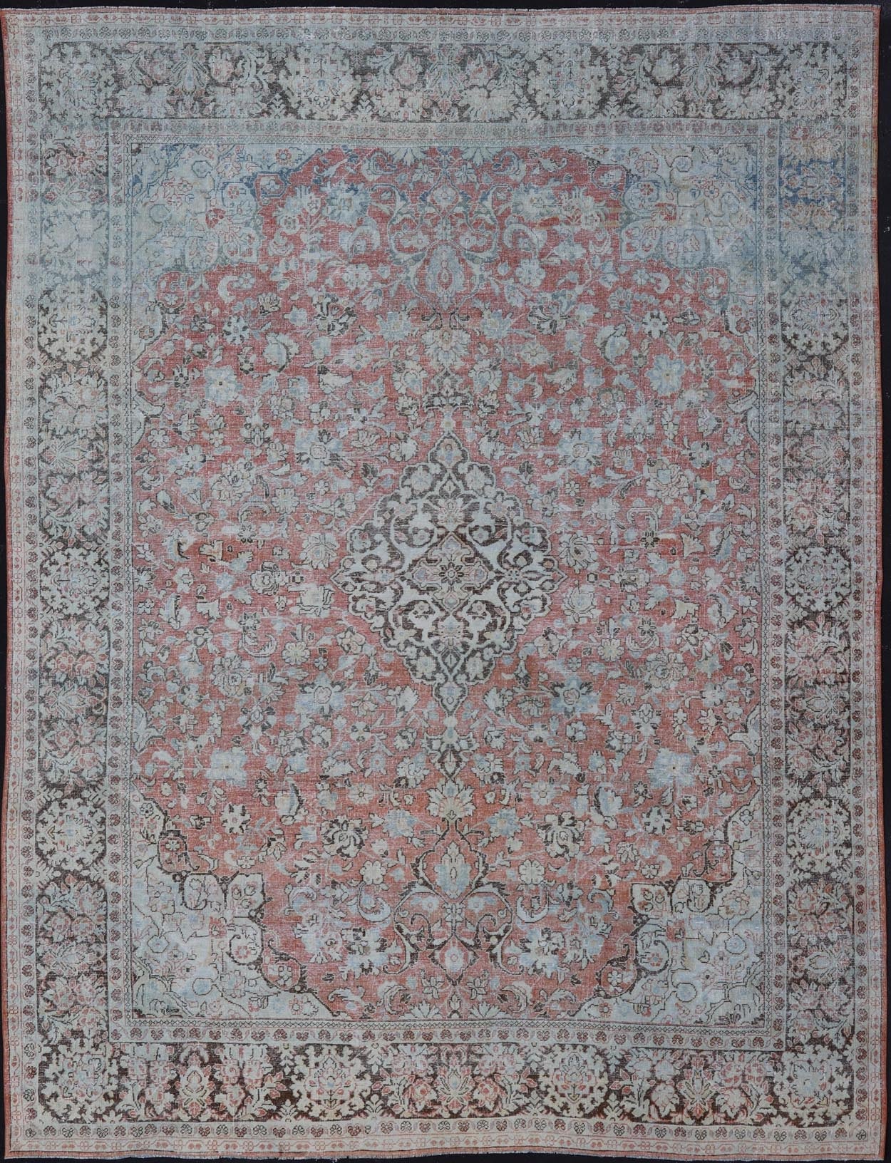 Distressed Antique Medallion Persian Mahal Rug In Faded Orange, Cream, And Brown. Keivan Woven Arts / rug V21 - 0301, country of origin / type: Iran / Mahal, circa 1920s Measures: 10'9 x 13'10 This beautiful antique Persian Mahal rug features an c... - Keivan Woven ArtsV21 - 0301 - 15224